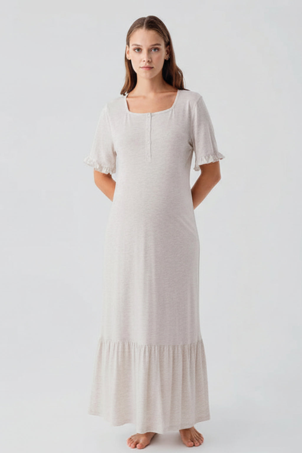 Pleated Sleeve Maternity Feeding-Friendly Nightgown Beige - S19117