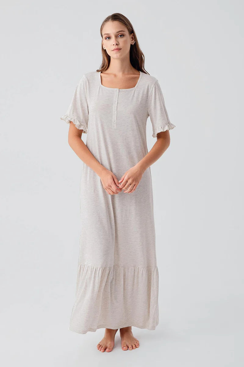 Pleated Sleeve Maternity Feeding-Friendly Nightgown Beige - S19117