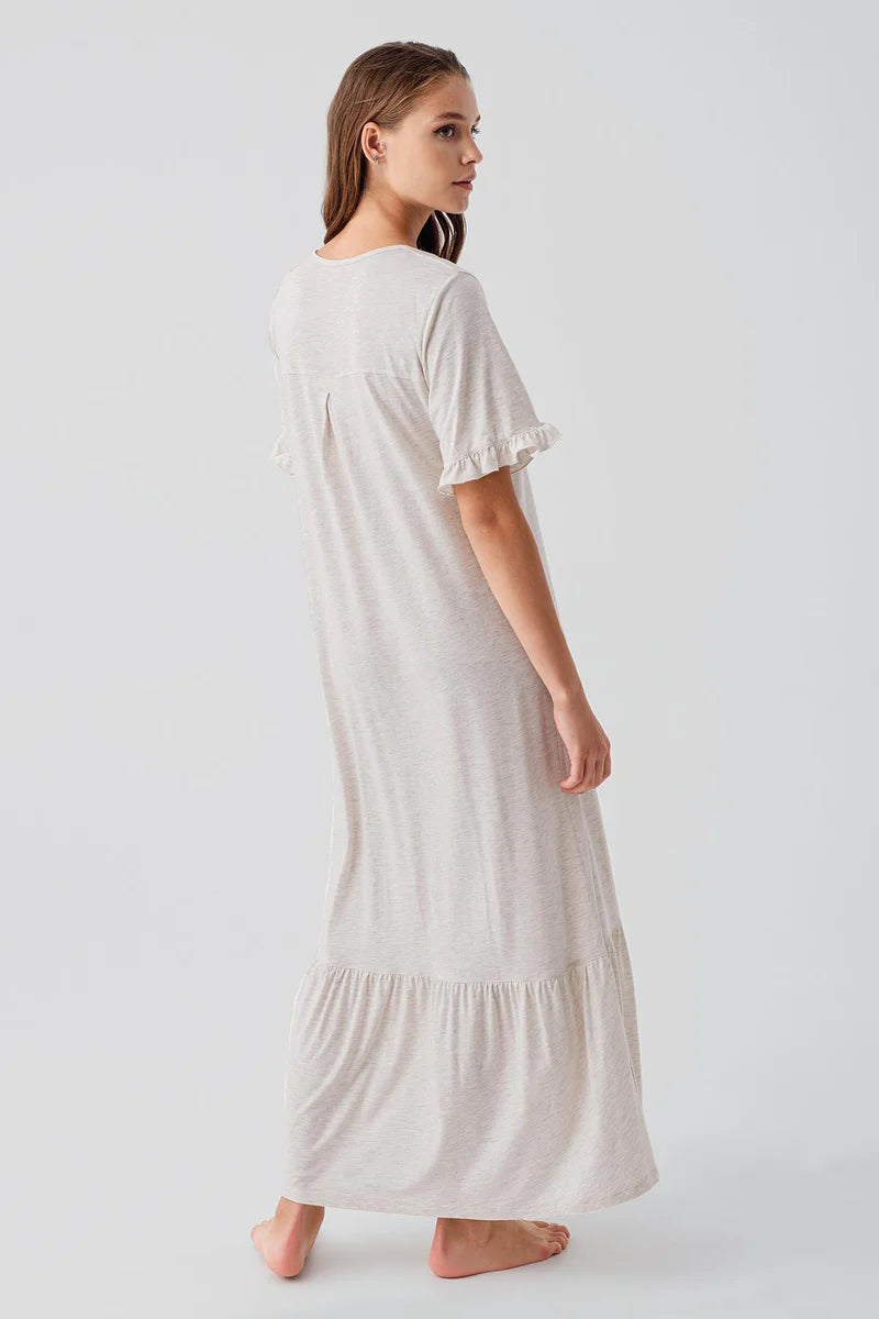 Pleated Sleeve Maternity Feeding-Friendly Nightgown Beige - S19117