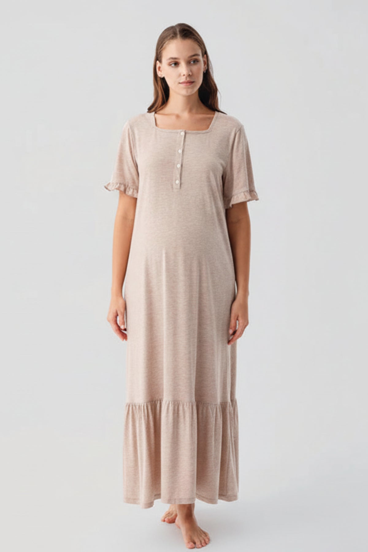 Pleated Sleeve Maternity Feeding-Friendly Nightgown Coffee - S19117