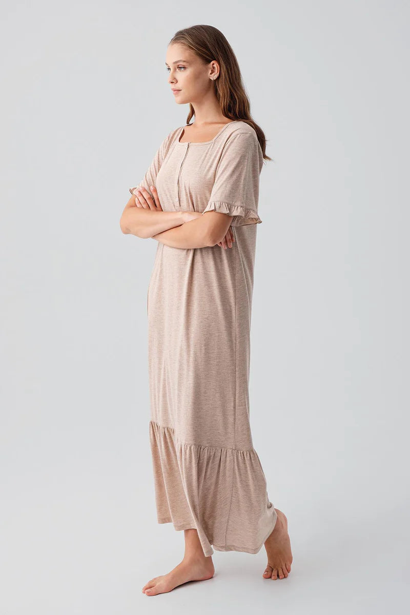 Pleated Sleeve Maternity Feeding-Friendly Nightgown Coffee - S19117