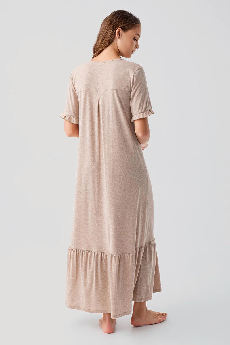Pleated Sleeve Maternity Feeding-Friendly Nightgown Coffee - S19117