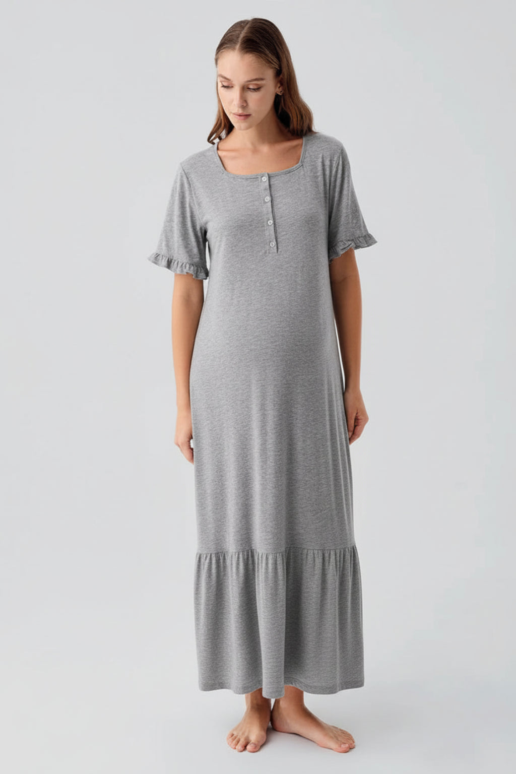 Pleated Sleeve Maternity Feeding-Friendly Nightgown Grey - S19117