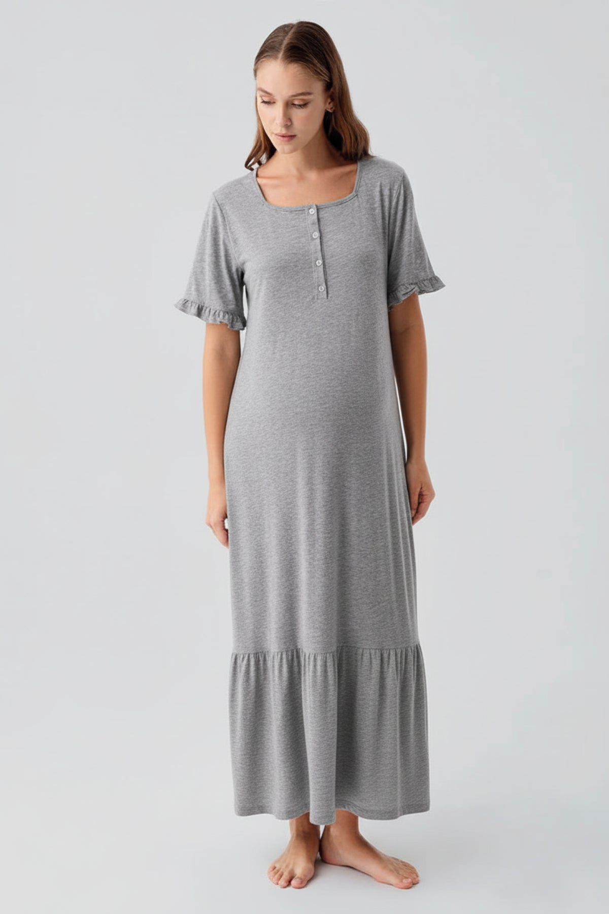 Pleated Sleeve Maternity Feeding-Friendly Nightgown Grey - S19117