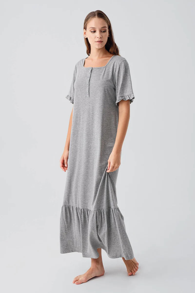 Pleated Sleeve Maternity Feeding-Friendly Nightgown Grey - S19117