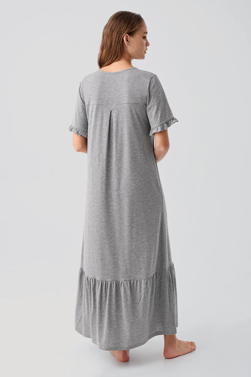 Pleated Sleeve Maternity Feeding-Friendly Nightgown Grey - S19117