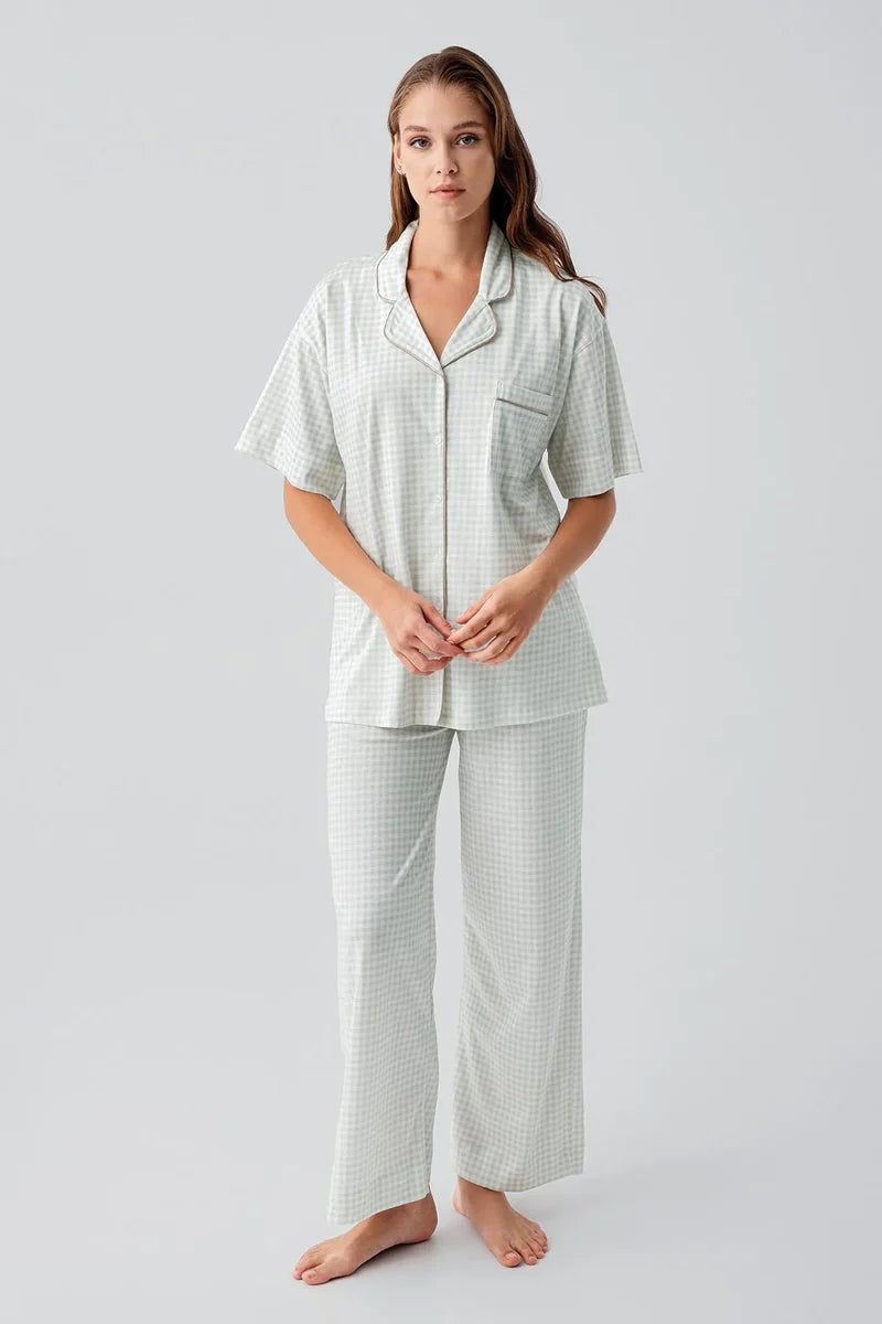 Gingham Check Cotton Maternity Feeding-Friendly Pajama Set Green - S19201