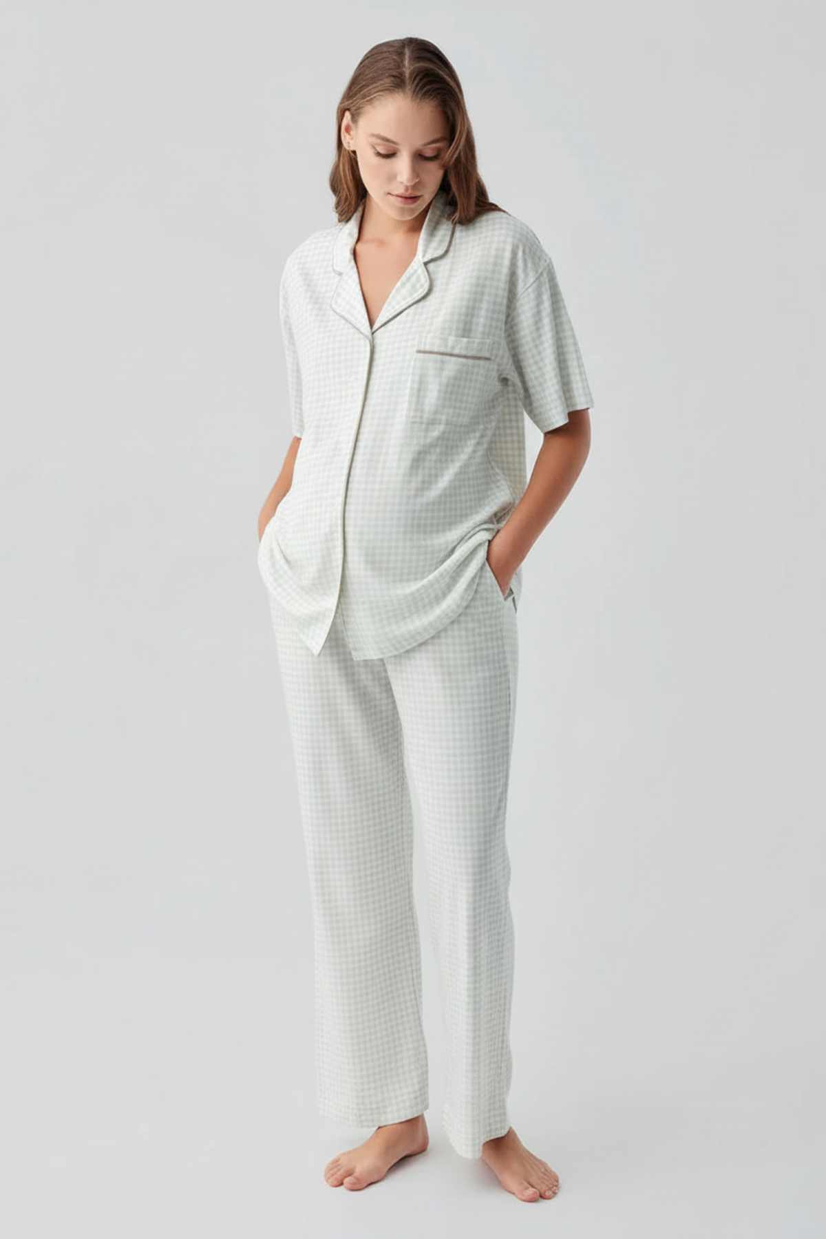 Gingham Check Cotton Maternity Feeding-Friendly Pajama Set Green - S19201
