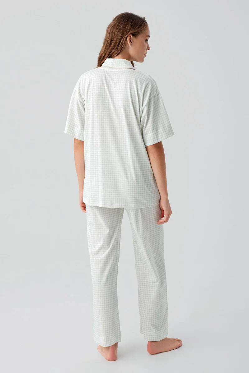 Gingham Check Cotton Maternity Feeding-Friendly Pajama Set Green - S19201