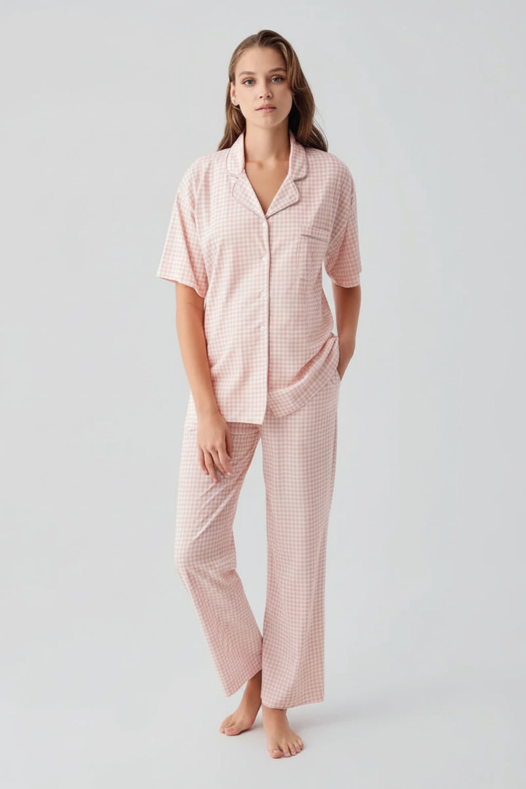 Gingham Check Cotton Maternity Feeding-Friendly Pajama Set Salmon - S19201