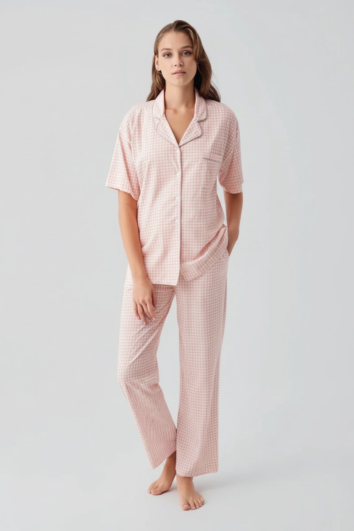 Gingham Check Cotton Maternity Feeding-Friendly Pajama Set Salmon - S19201