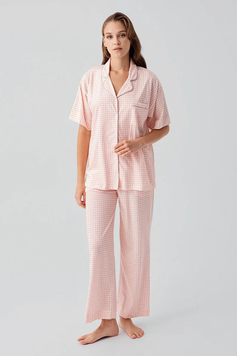 Gingham Check Cotton Maternity Feeding-Friendly Pajama Set Salmon - S19201