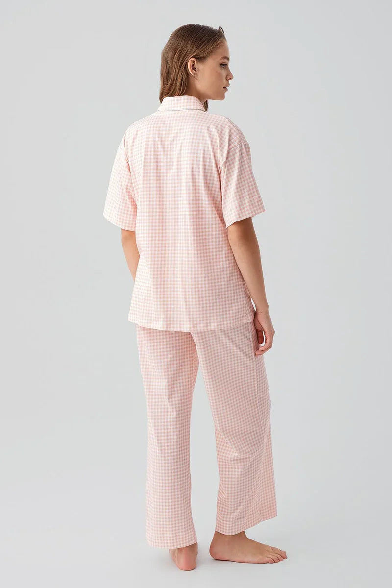 Gingham Check Cotton Maternity Feeding-Friendly Pajama Set Salmon - S19201