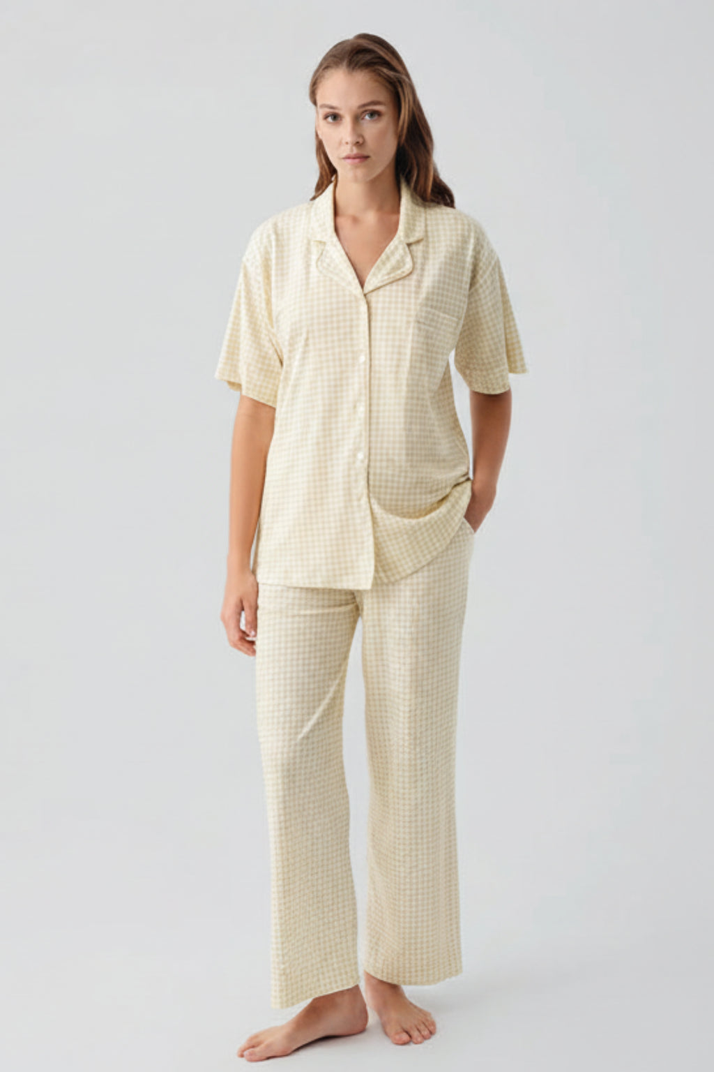 Gingham Check Cotton Maternity Feeding-Friendly Pajama Set Yellow - S19201
