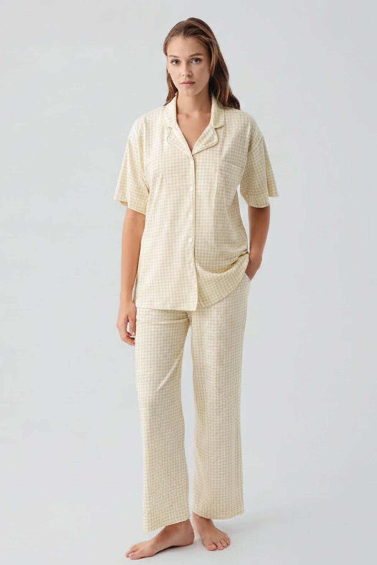Gingham Check Cotton Maternity Feeding-Friendly Pajama Set Yellow - S19201