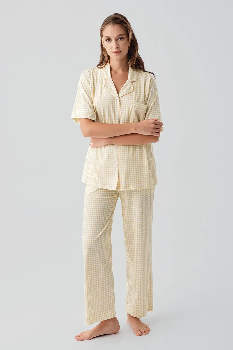 Gingham Check Cotton Maternity Feeding-Friendly Pajama Set Yellow - S19201