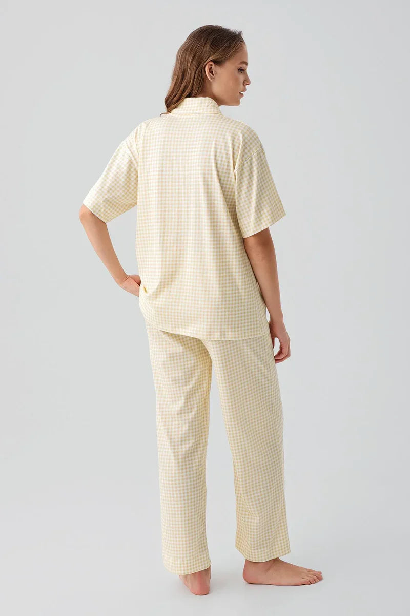 Gingham Check Cotton Maternity Feeding-Friendly Pajama Set Yellow - S19201