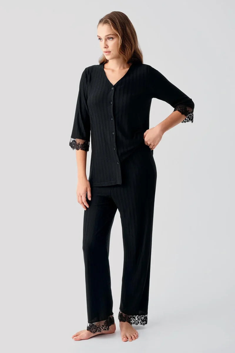 Elbow-Length Lace Sleeve Maternity Feeding-Friendly Pajama Set Black - S19207