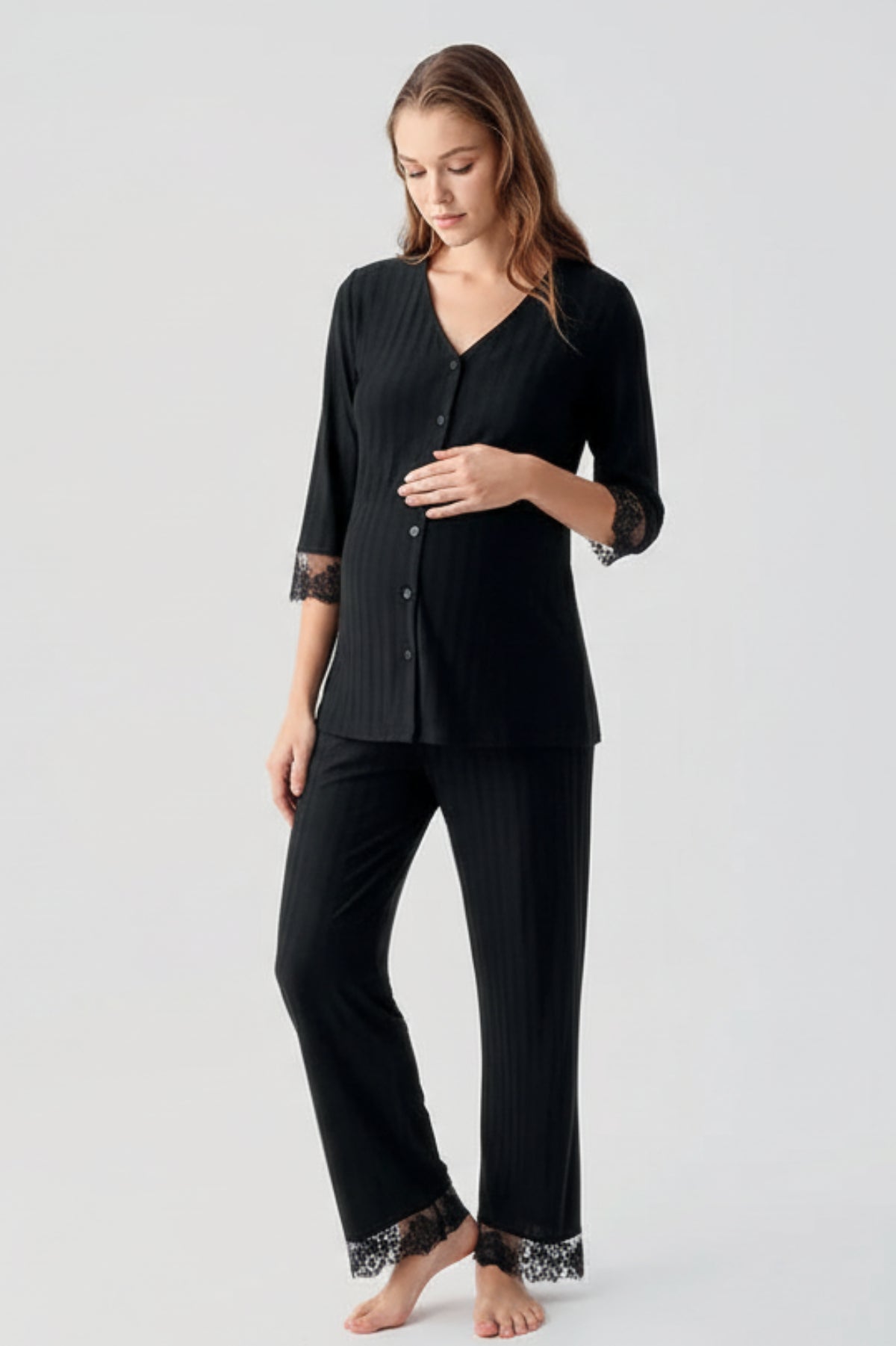 Elbow-Length Lace Sleeve Maternity Feeding-Friendly Pajama Set Black - S19207
