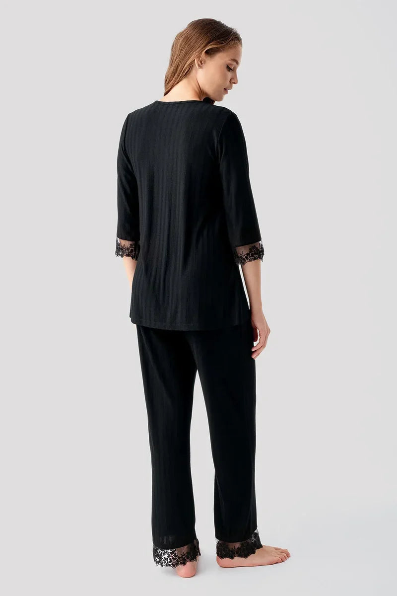 Elbow-Length Lace Sleeve Maternity Feeding-Friendly Pajama Set Black - S19207