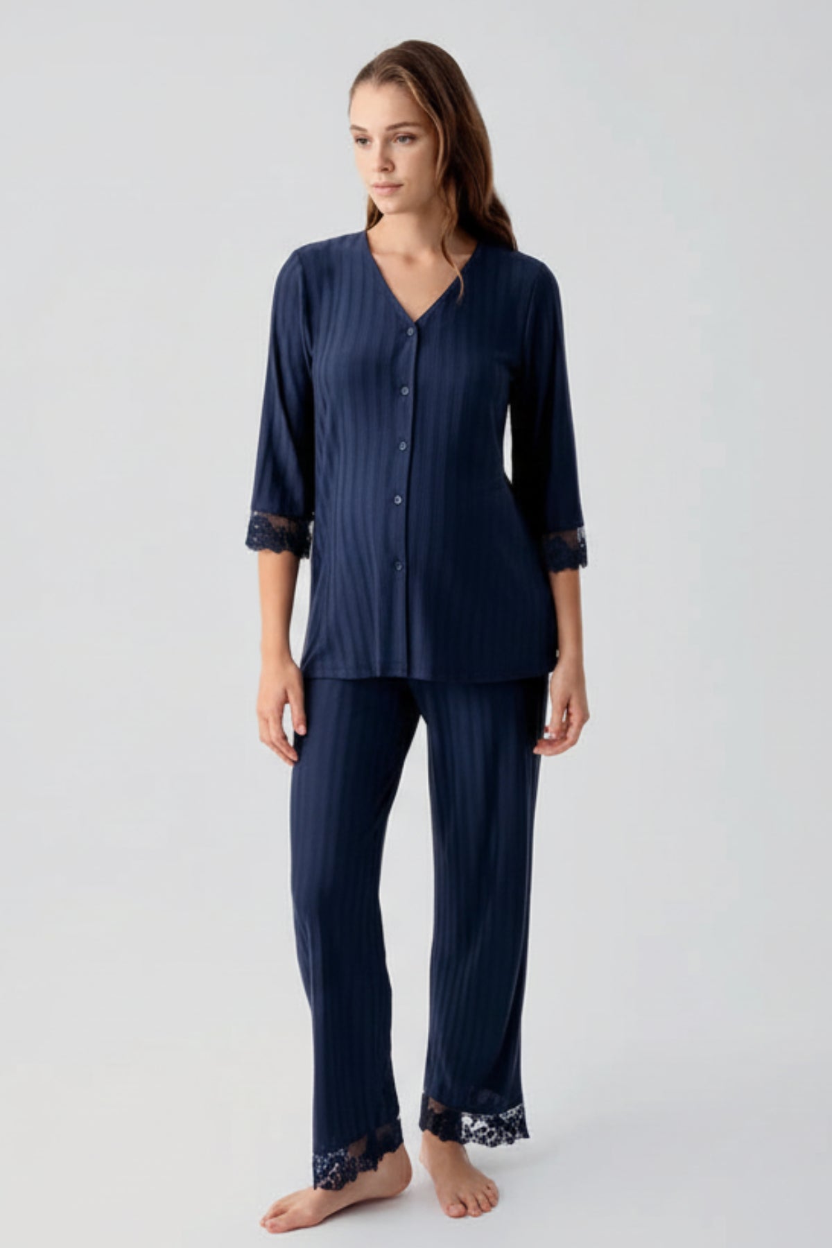Elbow-Length Lace Sleeve Maternity Feeding-Friendly Pajama Set Navy Blue - S19207