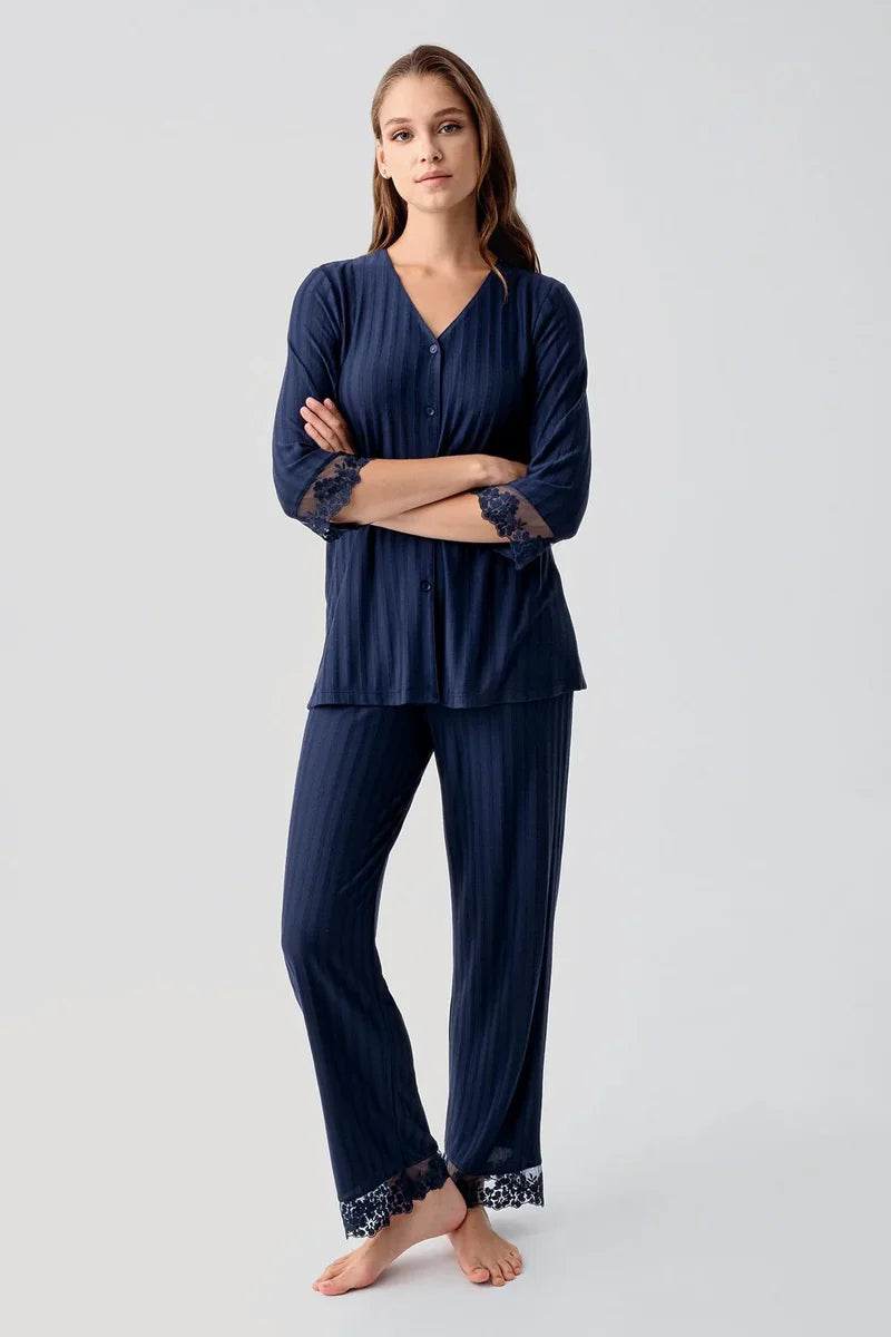 Elbow-Length Lace Sleeve Maternity Feeding-Friendly Pajama Set Navy Blue - S19207