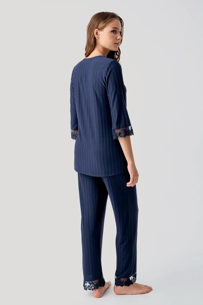 Elbow-Length Lace Sleeve Maternity Feeding-Friendly Pajama Set Navy Blue - S19207