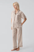 Striped Woven Cotton Maternity Feeding-Friendly Pajama Set Beige - S19208