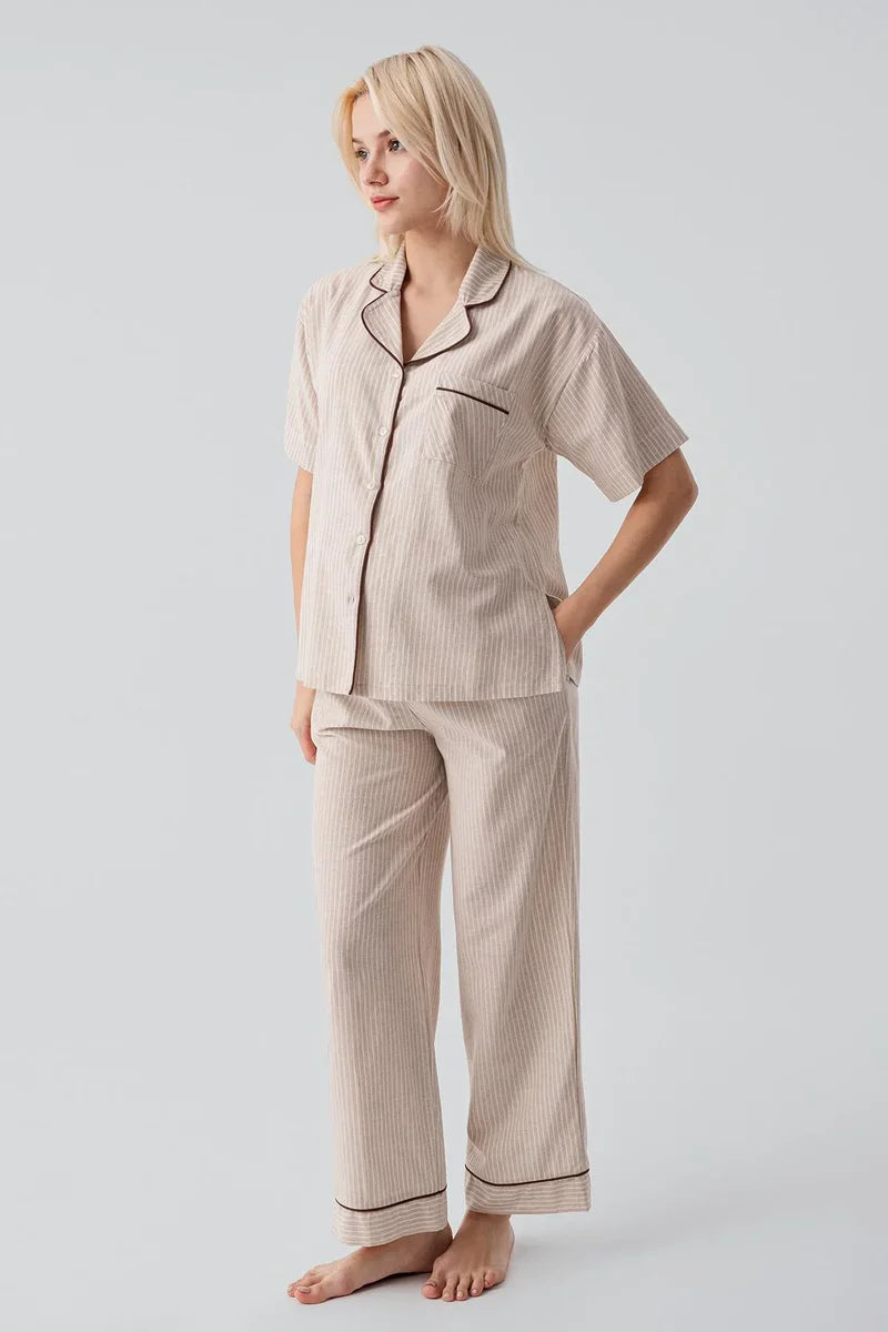 Striped Woven Cotton Maternity Feeding-Friendly Pajama Set Beige - S19208