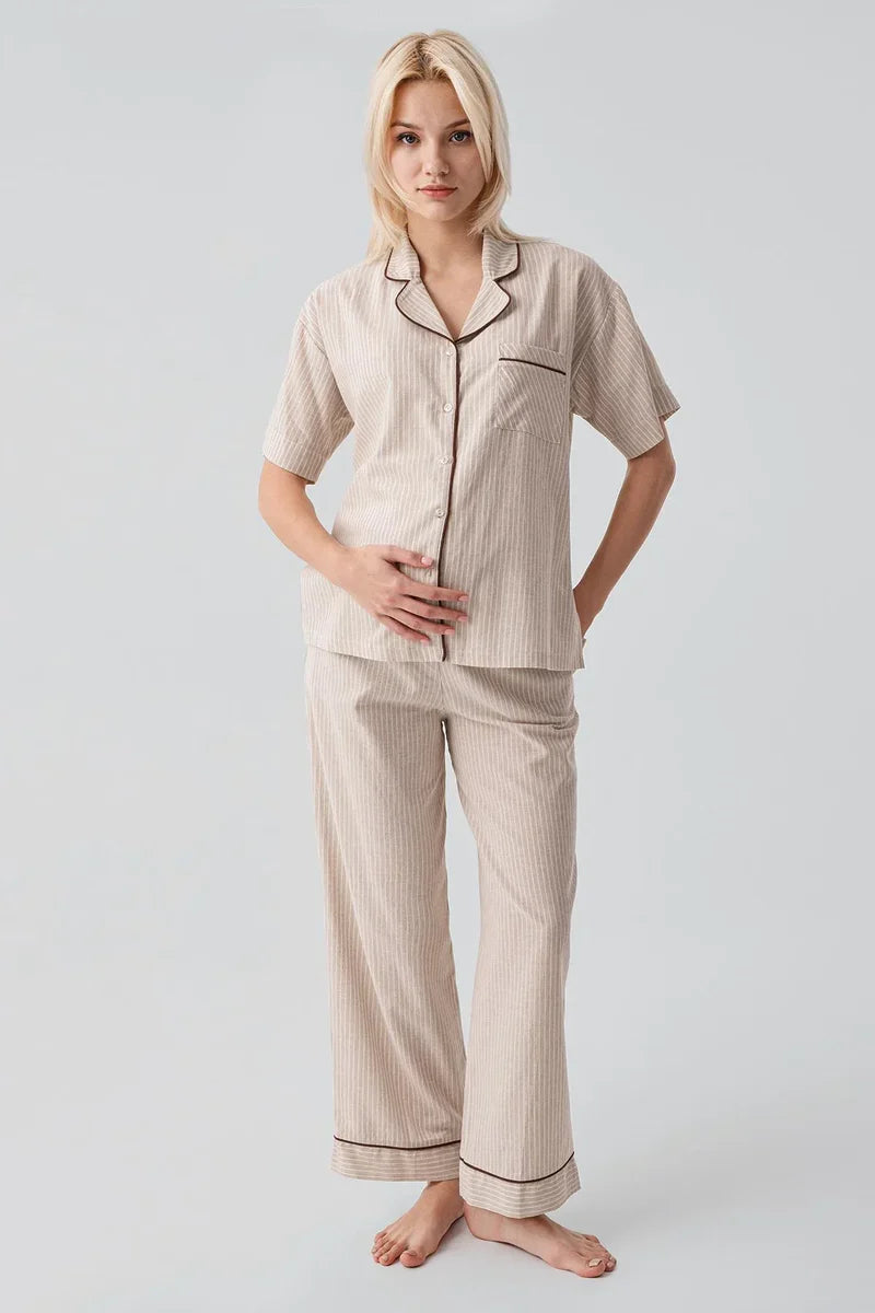 Striped Woven Cotton Maternity Feeding-Friendly Pajama Set Beige - S19208