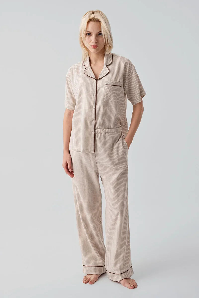 Striped Woven Cotton Maternity Feeding-Friendly Pajama Set Beige - S19208