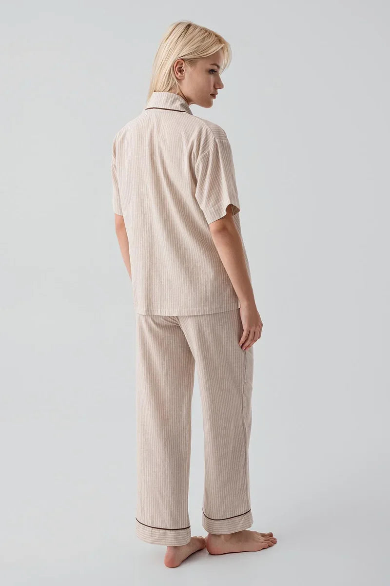 Striped Woven Cotton Maternity Feeding-Friendly Pajama Set Beige - S19208