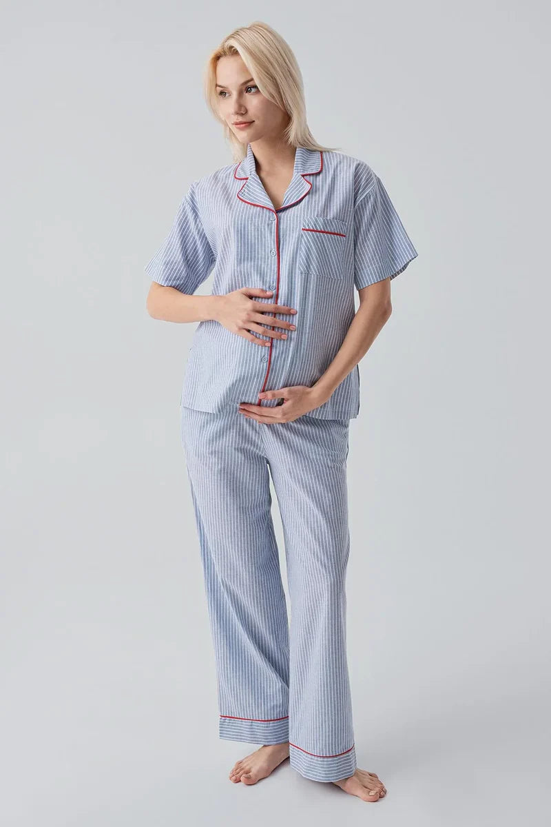 Striped Woven Cotton Maternity Feeding-Friendly Pajama Set Blue - S19208