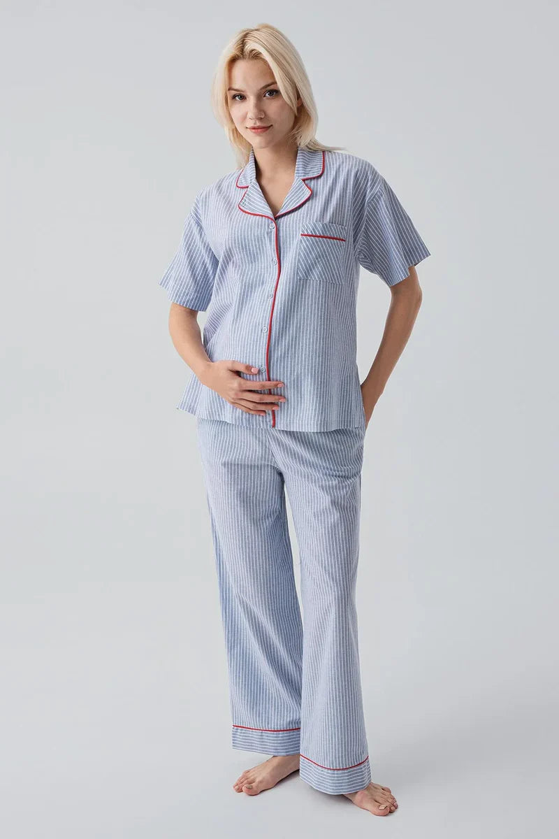 Striped Woven Cotton Maternity Feeding-Friendly Pajama Set Blue - S19208