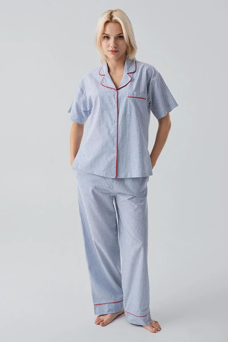 Striped Woven Cotton Maternity Feeding-Friendly Pajama Set Blue - S19208