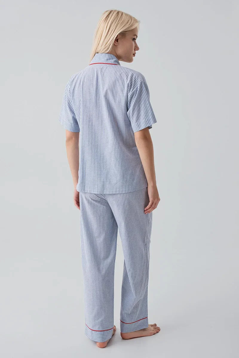 Striped Woven Cotton Maternity Feeding-Friendly Pajama Set Blue - S19208