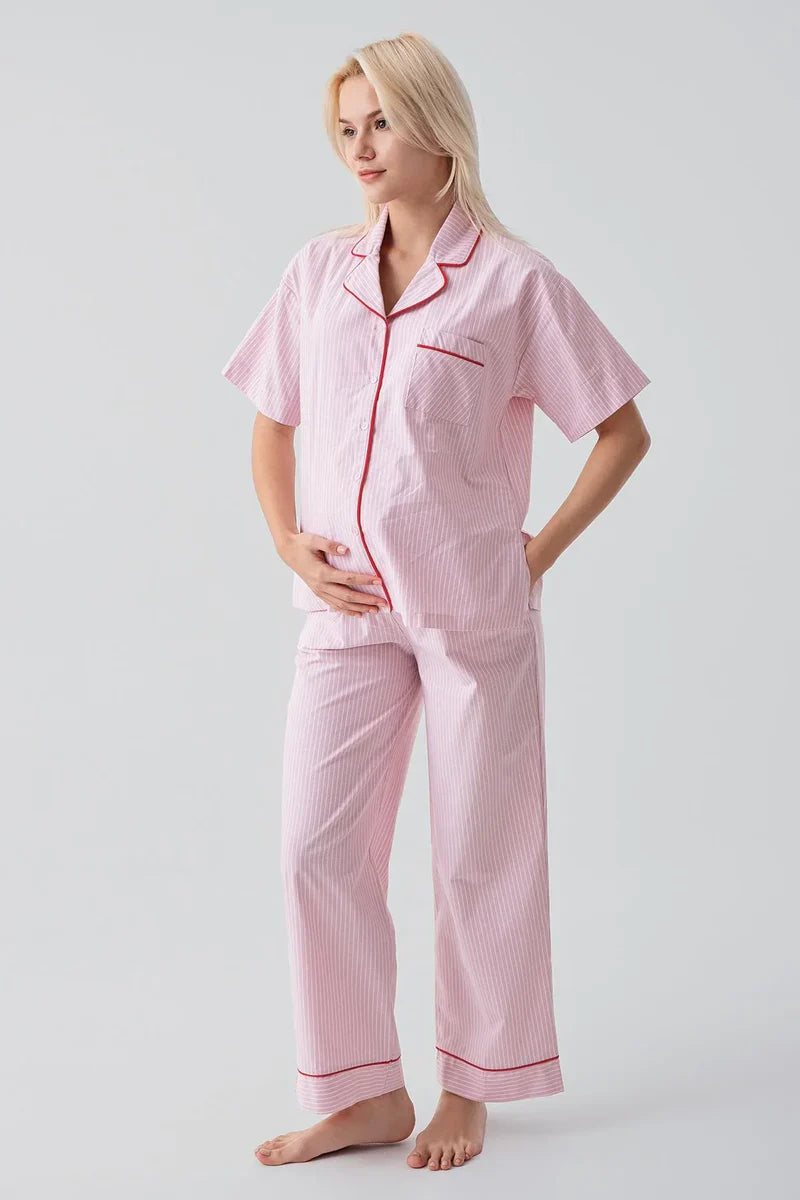 Striped Woven Cotton Maternity Feeding-Friendly Pajama Set Pink - S19208