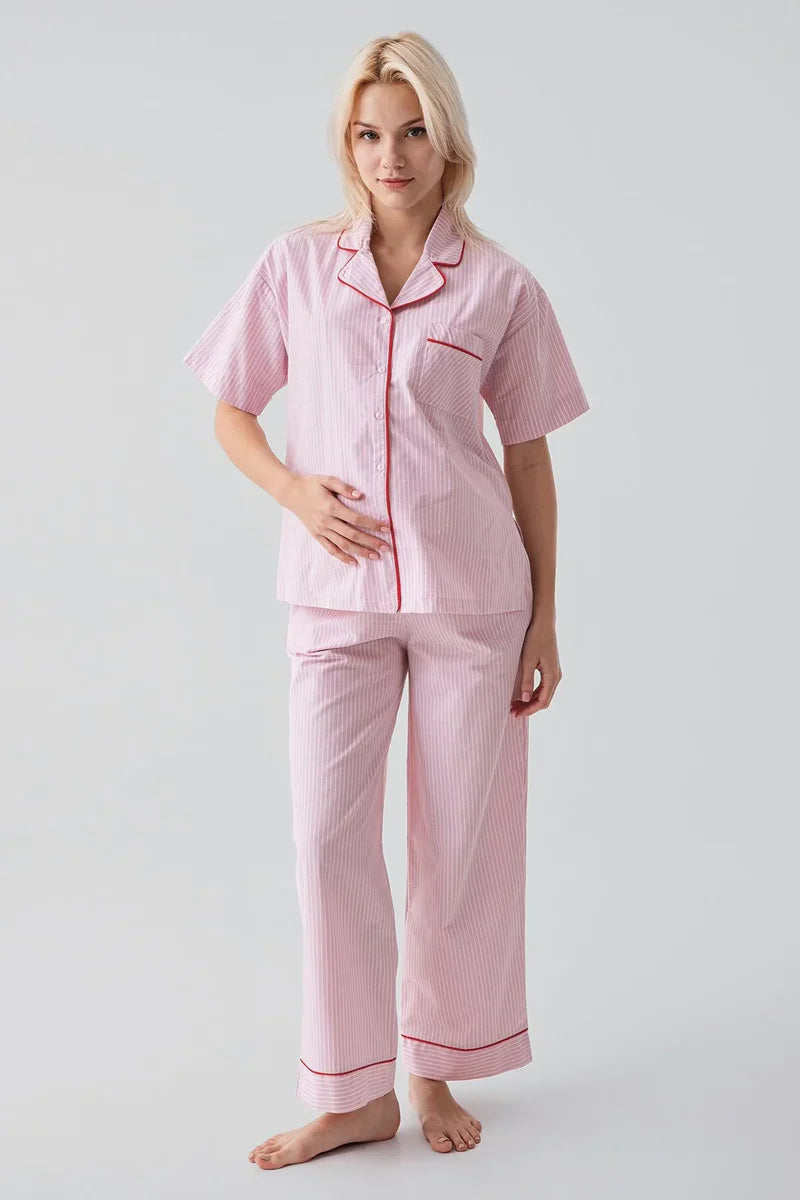Striped Woven Cotton Maternity Feeding-Friendly Pajama Set Pink - S19208