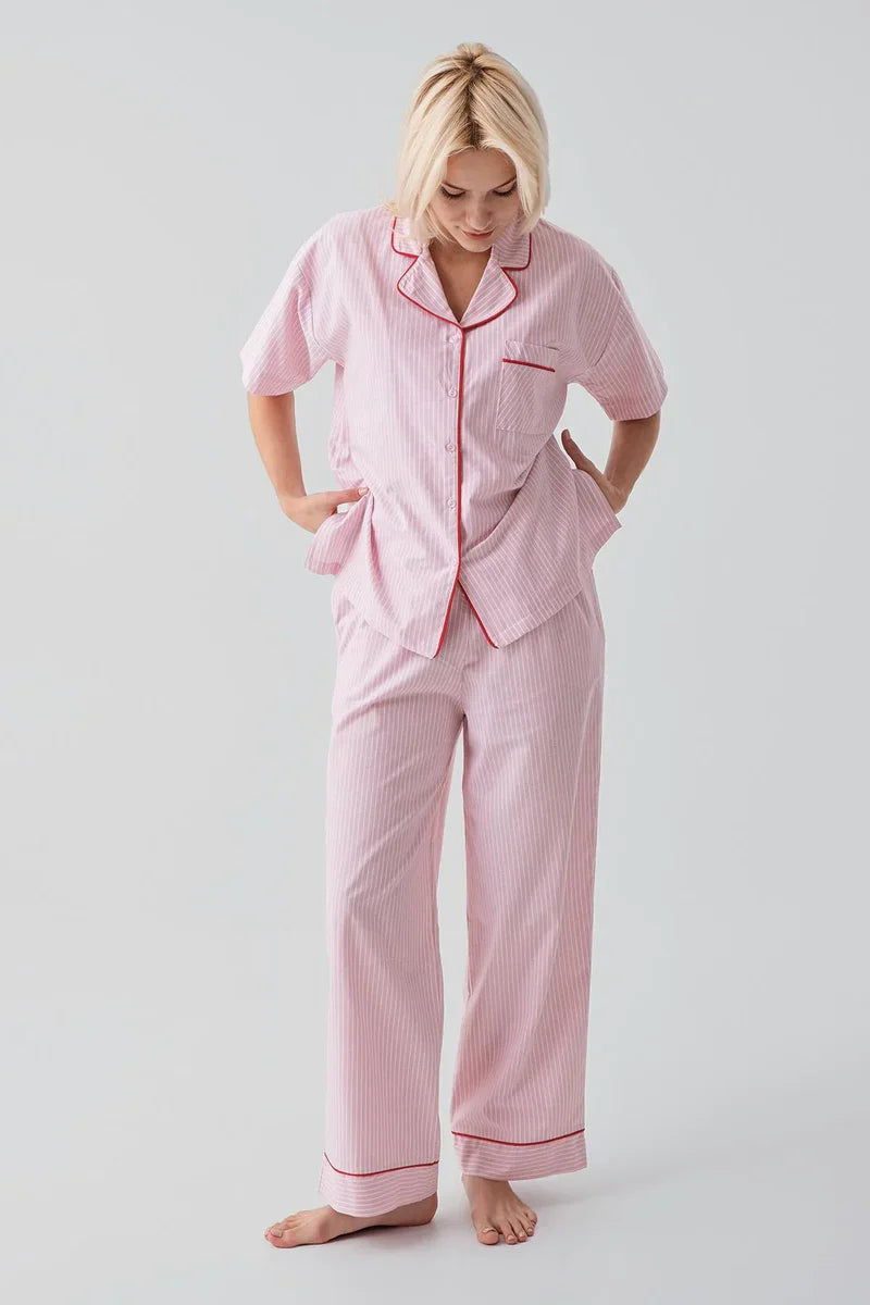 Striped Woven Cotton Maternity Feeding-Friendly Pajama Set Pink - S19208
