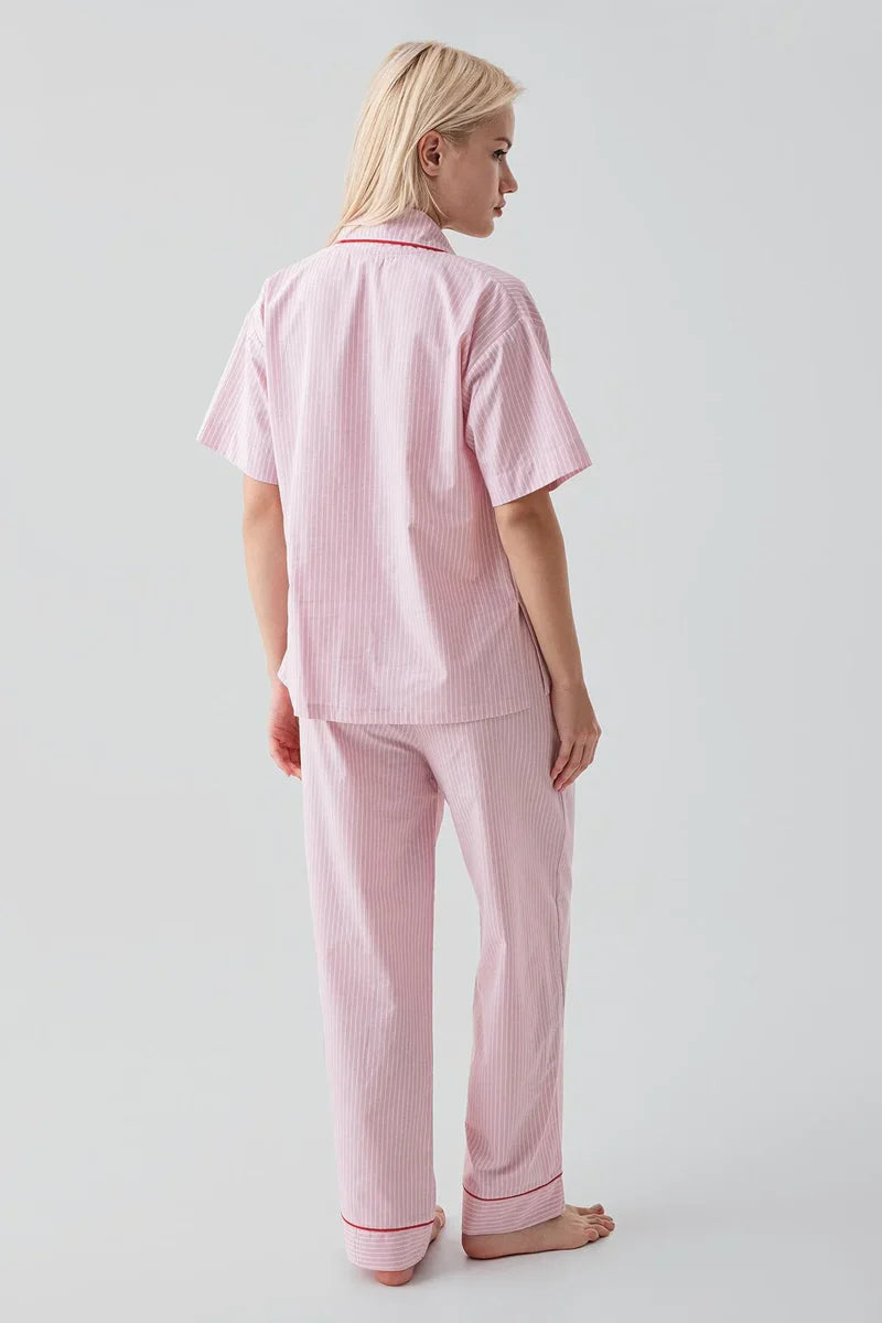 Striped Woven Cotton Maternity Feeding-Friendly Pajama Set Pink - S19208