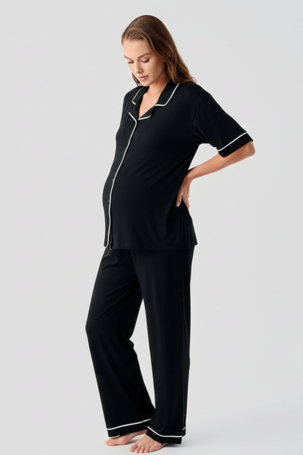 Piped Oversize Maternity Feeding-Friendly Pajama Set Black - S19210