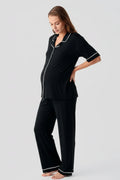 Piped Oversize Maternity Feeding-Friendly Pajama Set Black - S19210