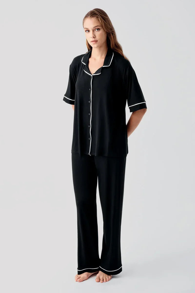 Piped Oversize Maternity Feeding-Friendly Pajama Set Black - S19210
