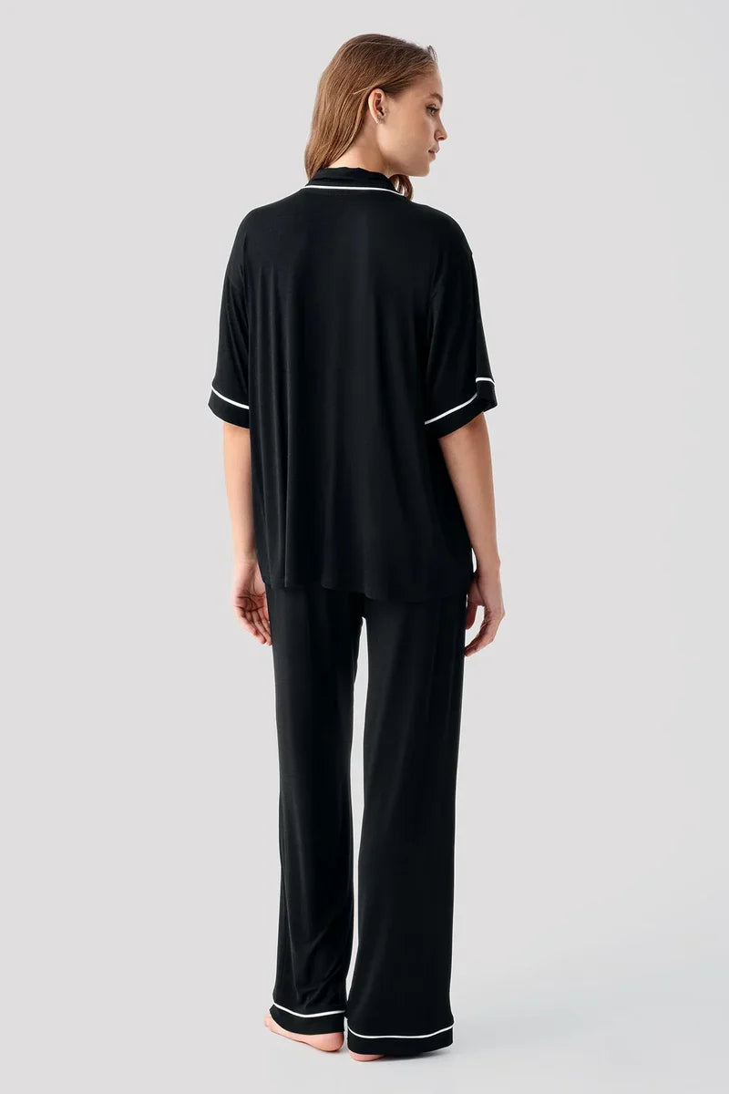 Piped Oversize Maternity Feeding-Friendly Pajama Set Black - S19210