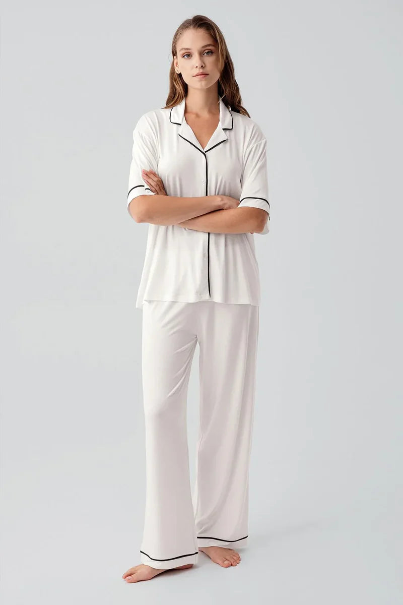 Piped Oversize Maternity Feeding-Friendly Pajama Set Ecru - S19210