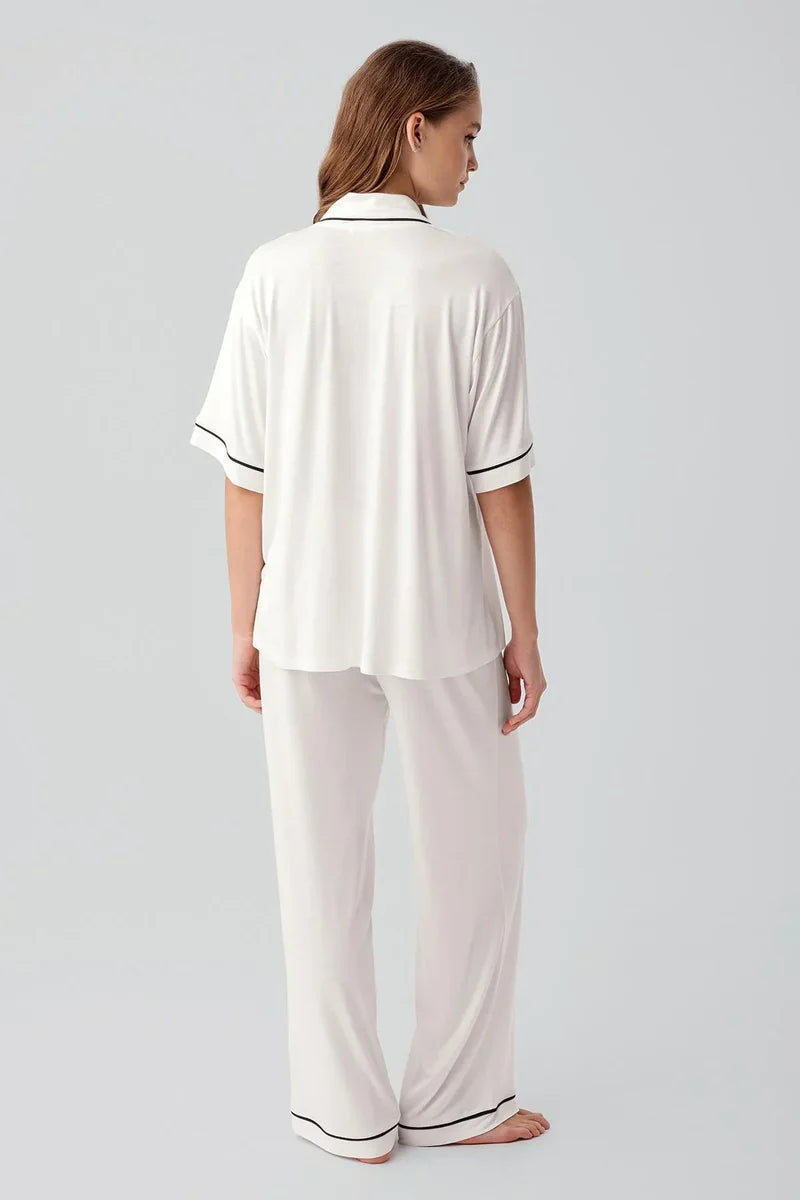 Piped Oversize Maternity Feeding-Friendly Pajama Set Ecru - S19210