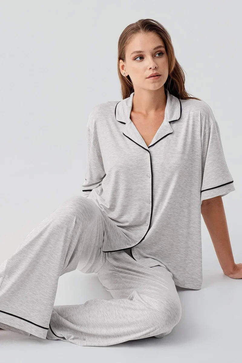 Piped Oversize Maternity Feeding-Friendly Pajama Set Grey - S19210