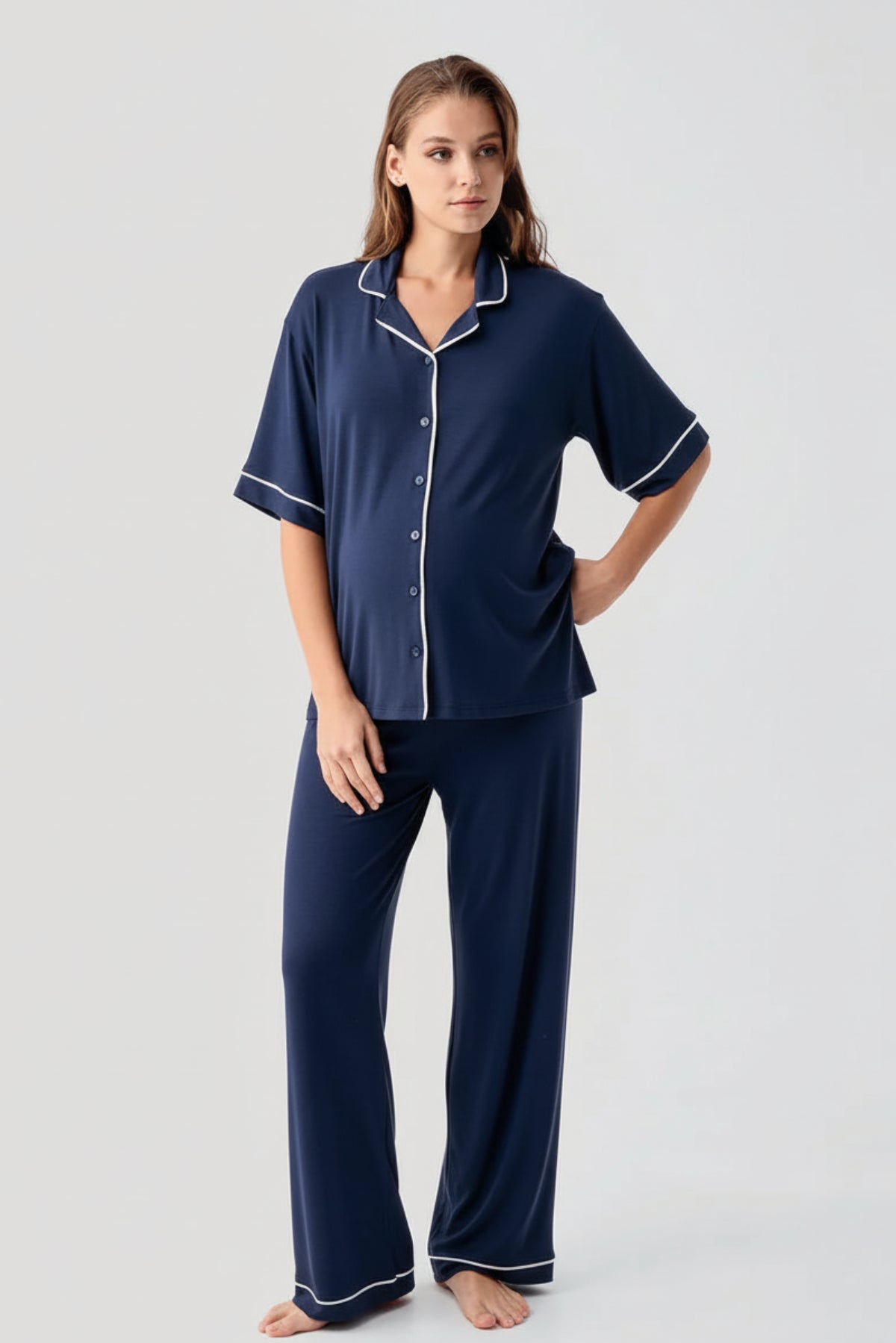 Piped Oversize Maternity Feeding-Friendly Pajama Set Navy Blue - S19210