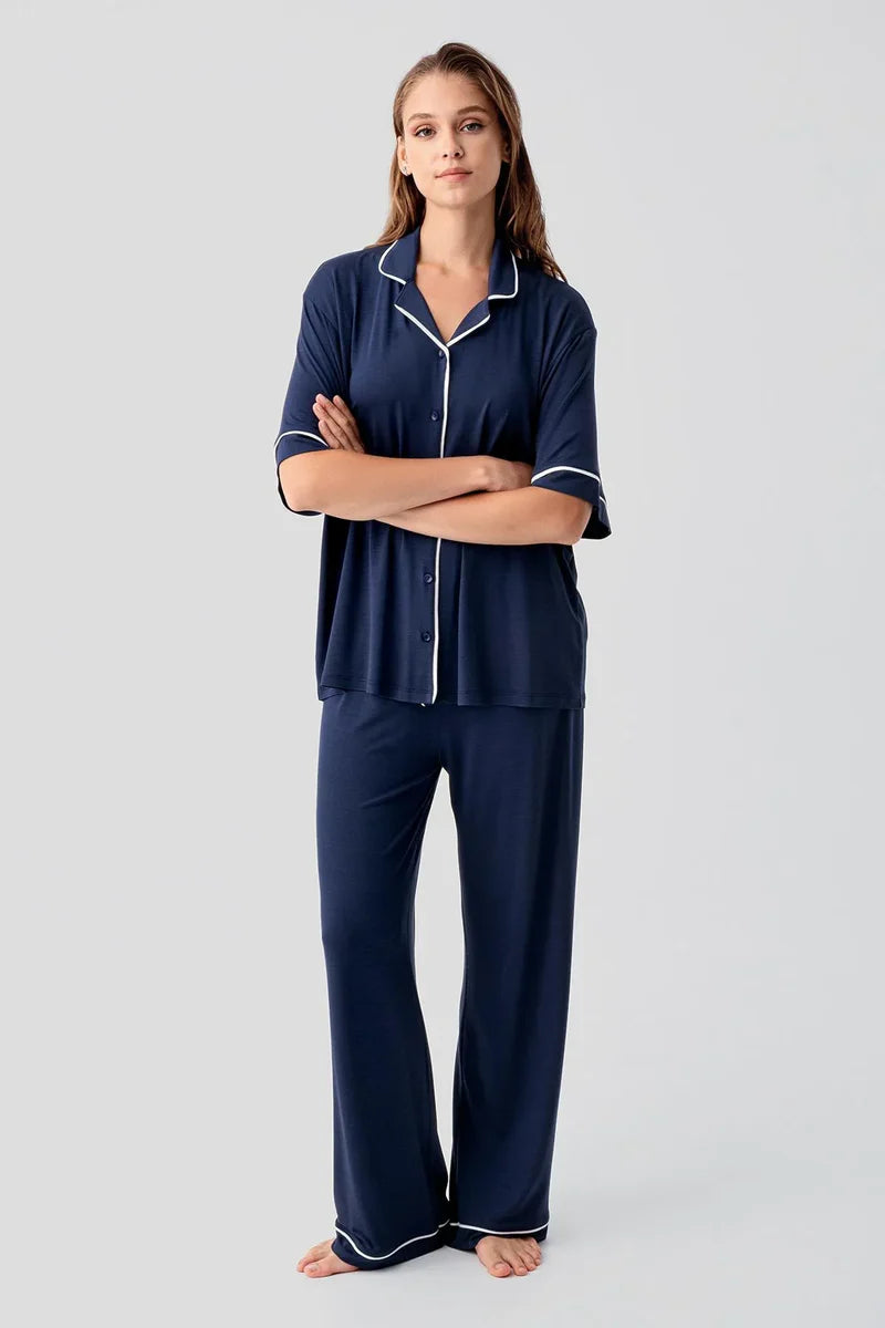 Piped Oversize Maternity Feeding-Friendly Pajama Set Navy Blue - S19210