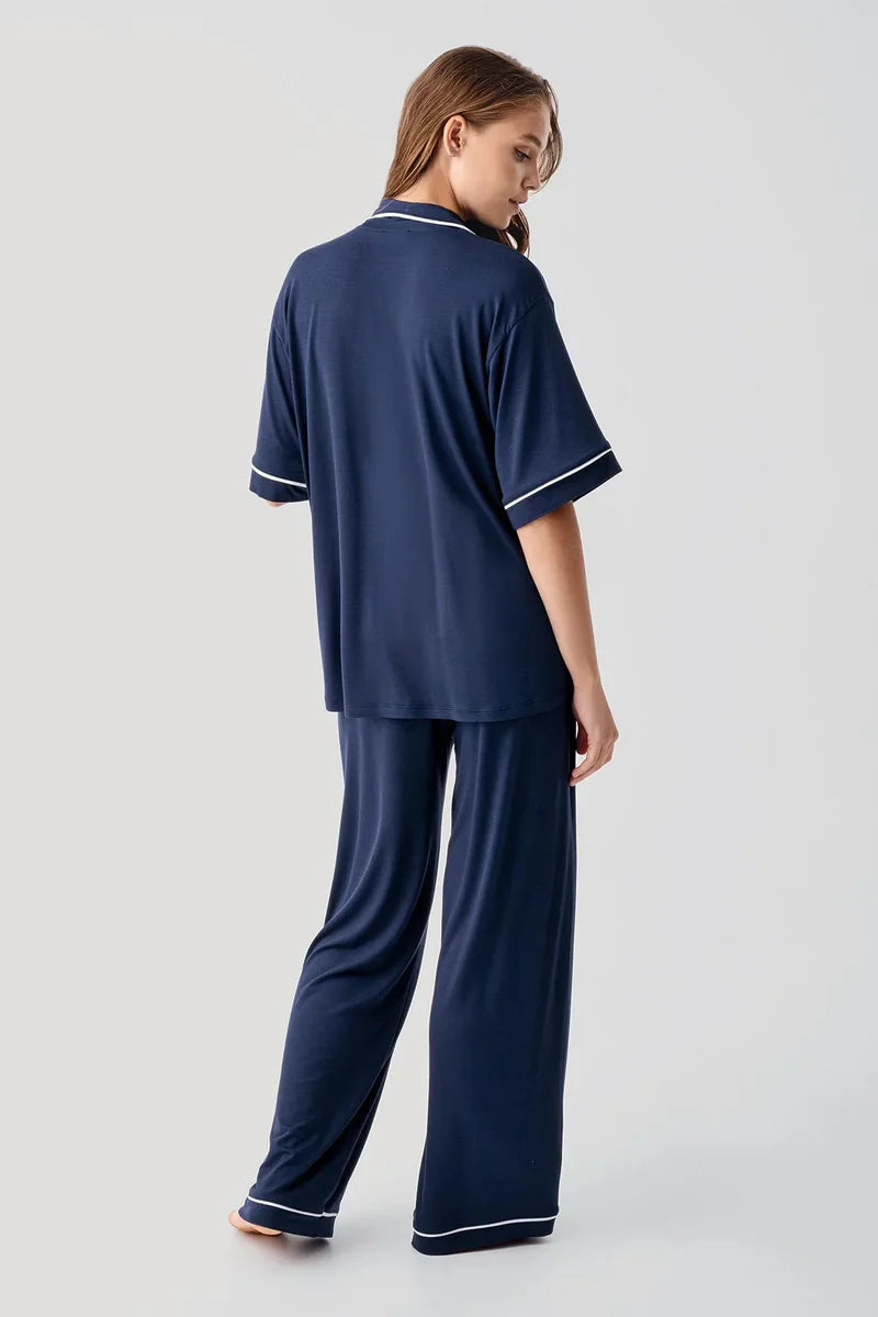 Piped Oversize Maternity Feeding-Friendly Pajama Set Navy Blue - S19210